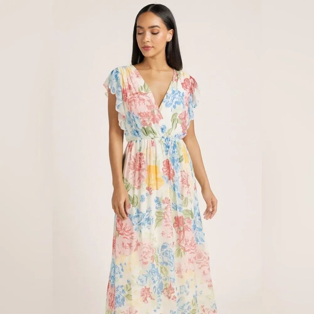 Tempo Paris Silk Blend Floral Maxi Dress Women’s Small Sheer Ruffle Sleeve